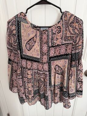 Boho Paisley Peasant Top in Pink and Black
